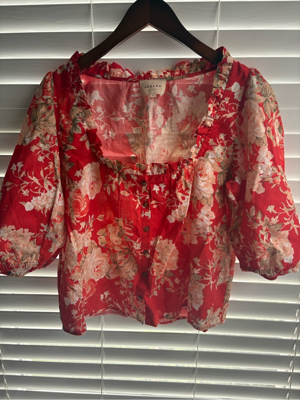 Sezane Red Floral Ruffle Square-Neck Blouse